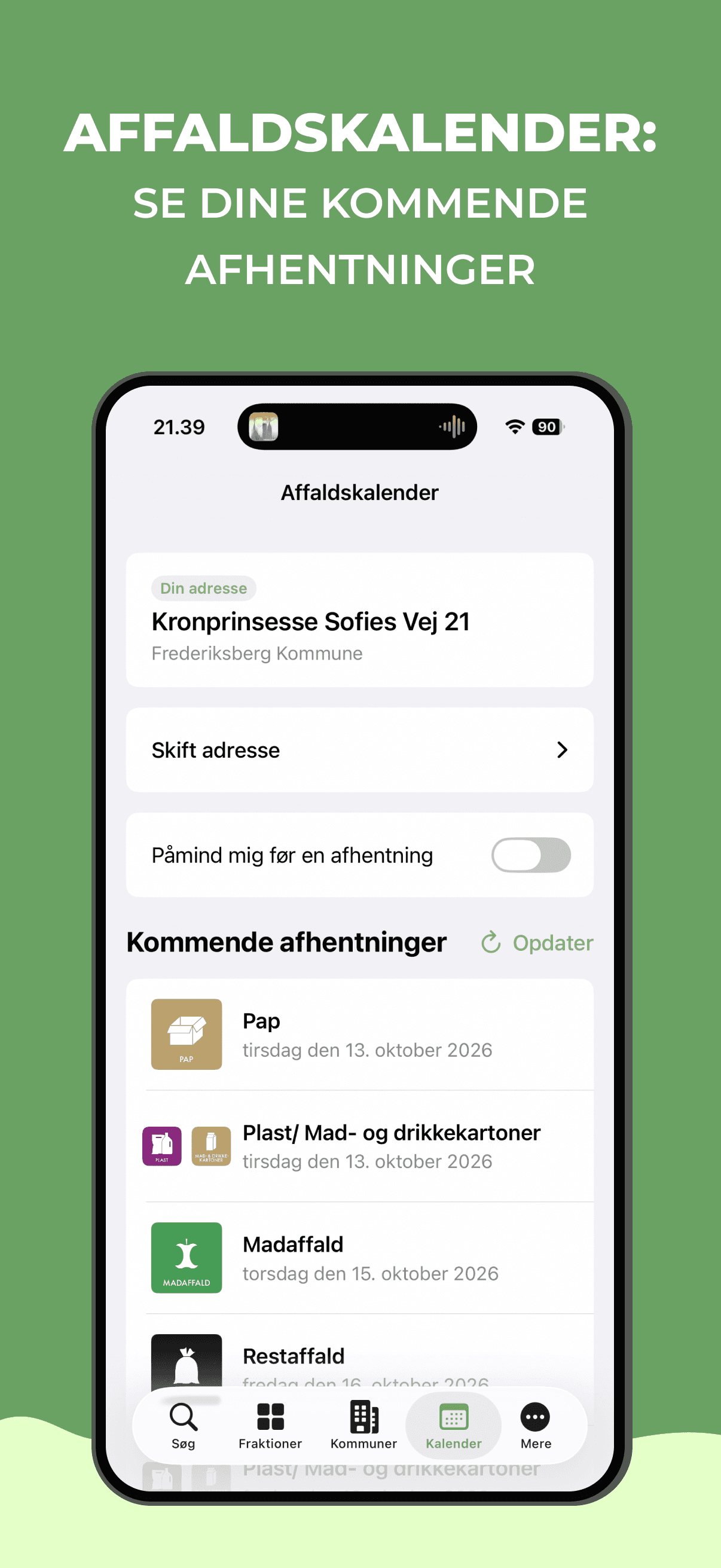 Affaldskalender med kommende afhentninger i Affaldsguide Danmark