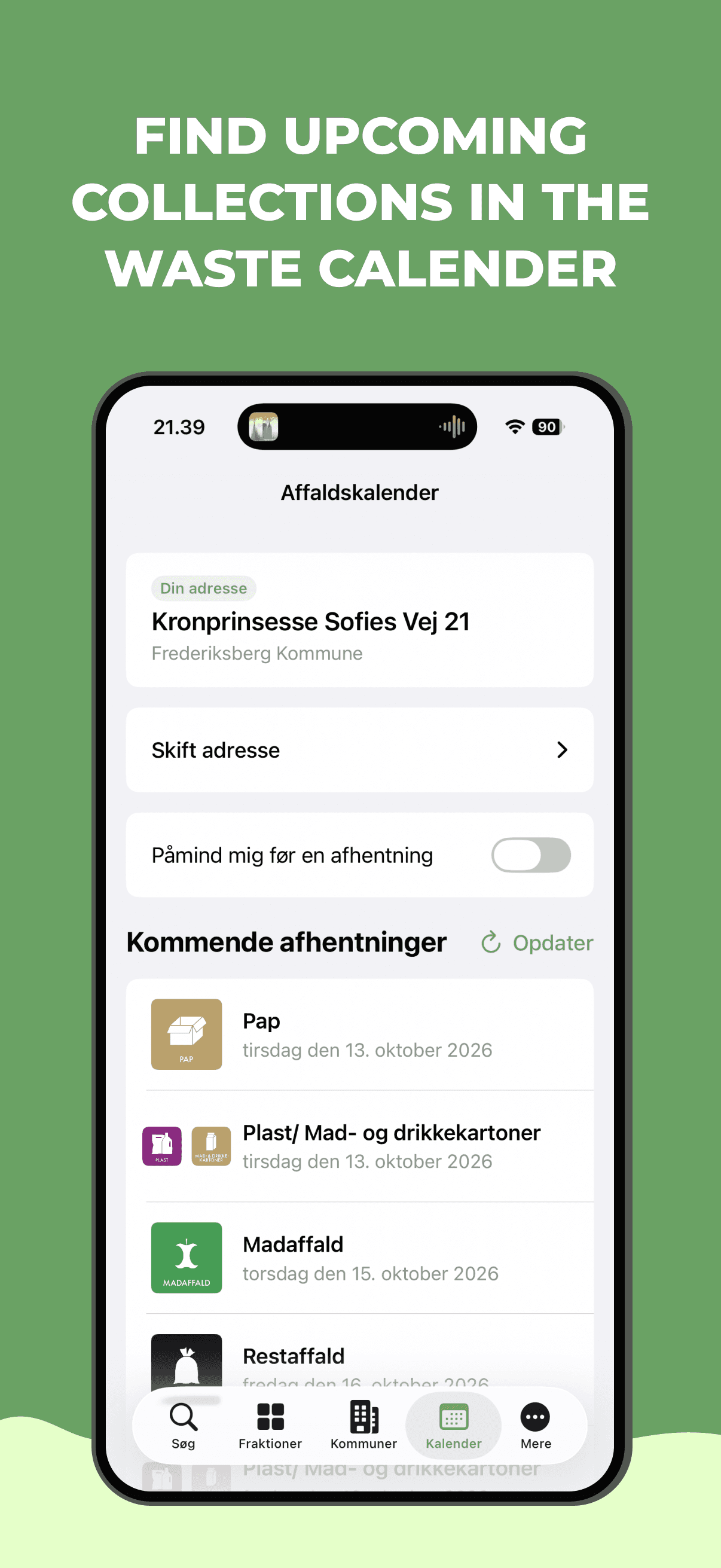 Waste calendar showing upcoming collections in Affaldsguide Danmark